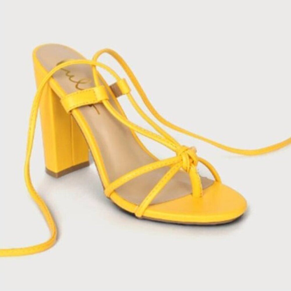 Lulus Marc‎ Sexy Lace-Up Heeled Sandals Faux Leather Size 7 Yellow Gold $59 NEW
